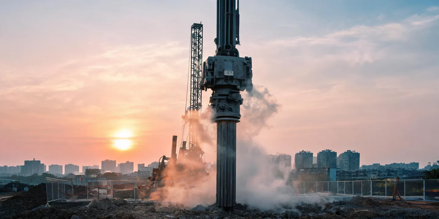 Vibratory hammer driving sheet piles on foundation jobsite